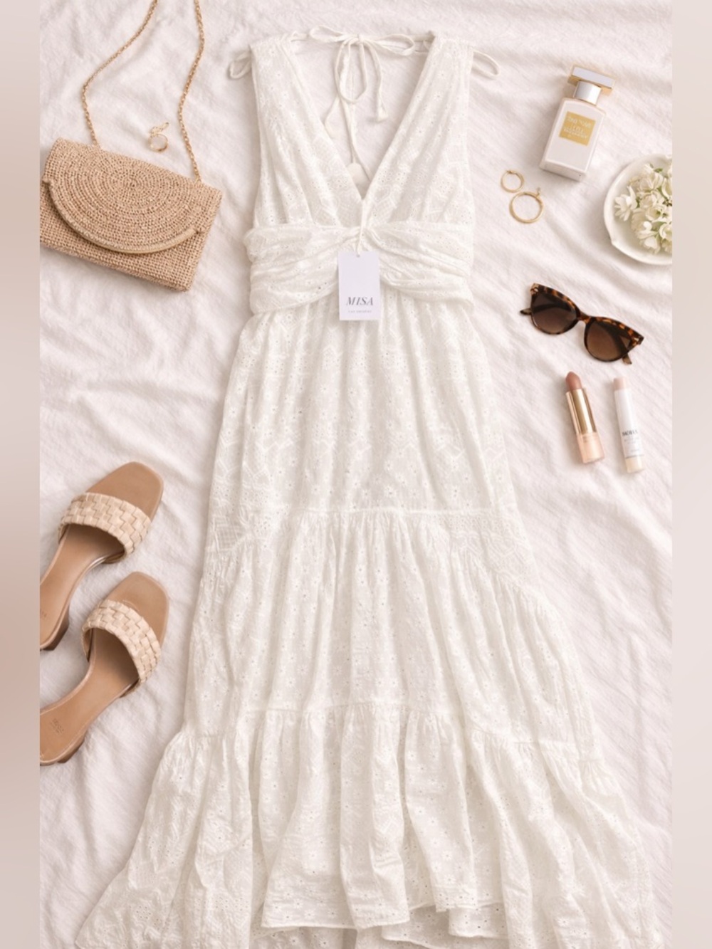 MISA Los Angeles White Eyelet Lace Maxi Dress NWT | Boho Tiered Tie Back | Small